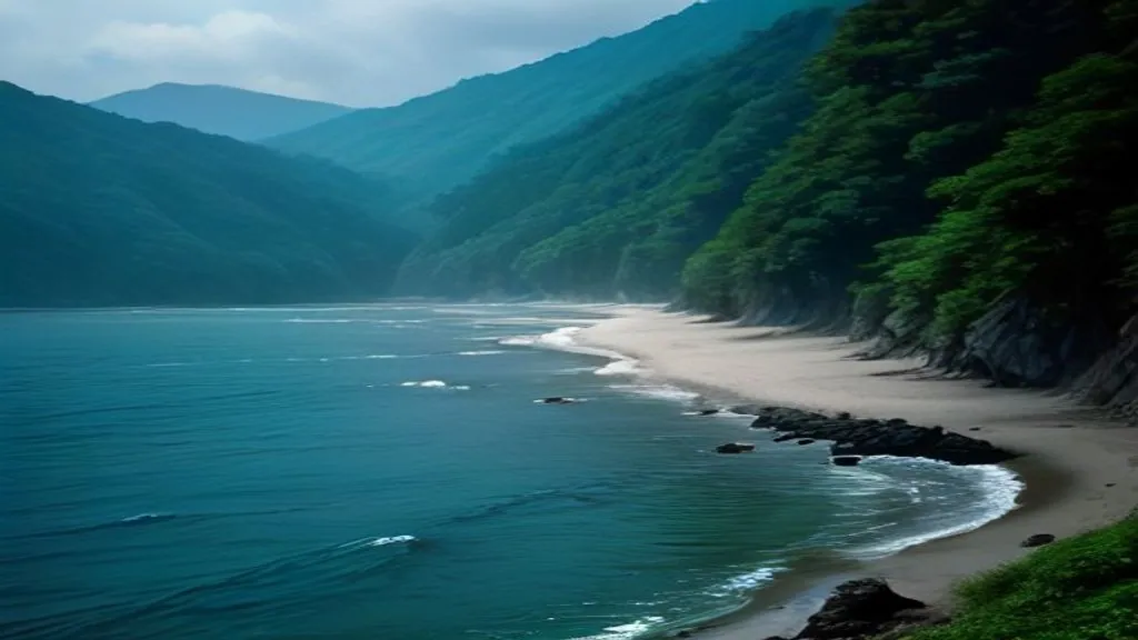 The coast: Pacific surf and calm Seto waters — illustration